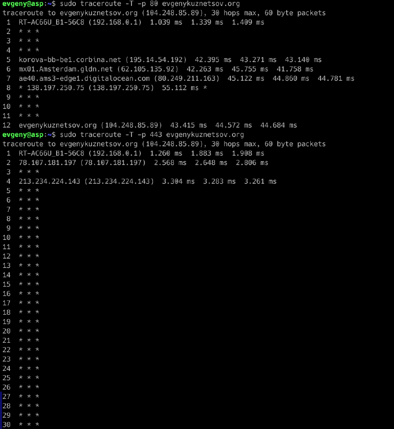 вывод traceroute для портов 80 (проходит до сервера) и 443 (теряется где-то в сети Билайн)